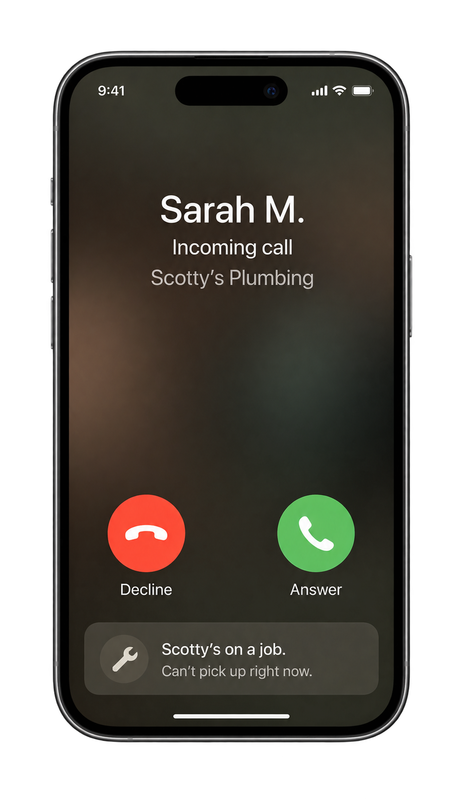 Incoming call from Sarah M. to Scotty’s Plumbing. Scotty is on a job and cannot pick up right now.