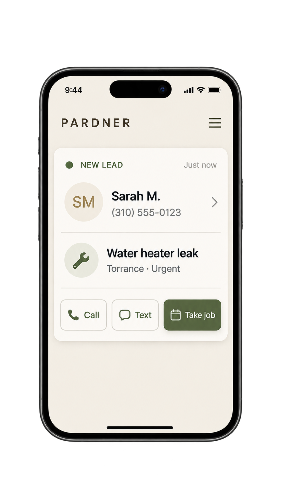 PARDNER new lead: Sarah M., water heater leak, Torrance, urgent. Scotty can call, text, or take the job.